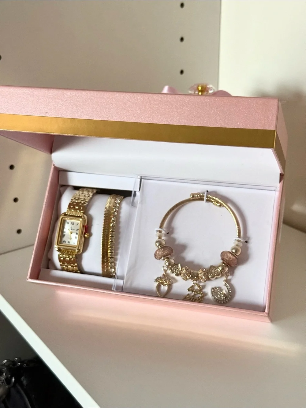 Baby Phat Pink and Gold Watch and Charm Bangle Set